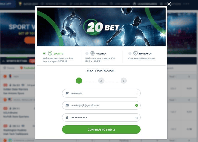 20bet Registration steps