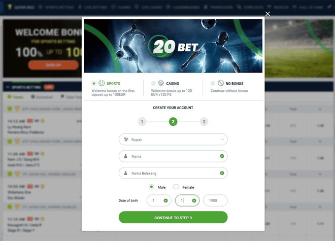 20bet Registration steps