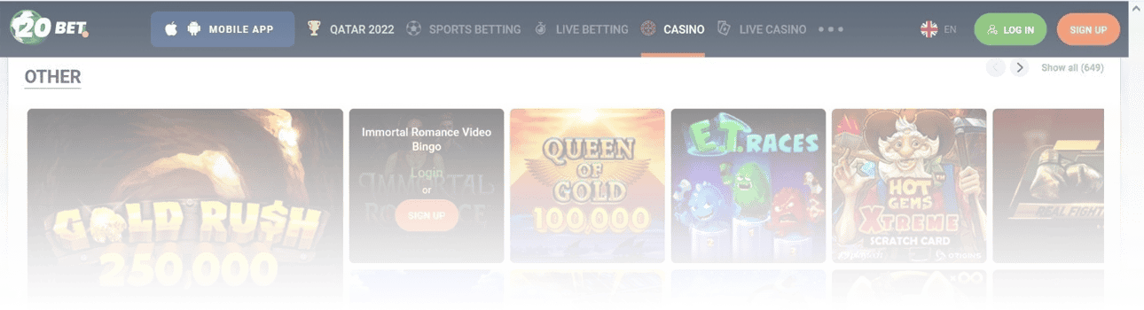 20BET Casino game variety